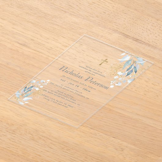彼の葉のモダン金ゴールド交差の確認 アクリル招待状 (レイダウン)