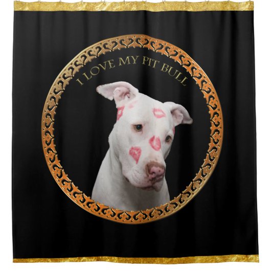 彼の表面をくまなく赤いキスとの白いピットブル シャワーカーテン (正面)