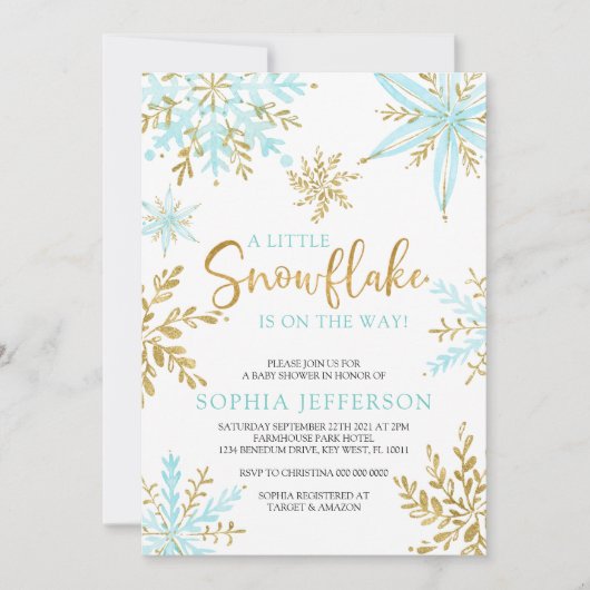 彼の赤ちゃんシャワーの途中に少し雪の結晶がある 招待状 (正面)