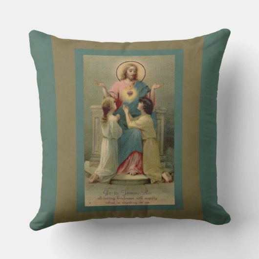 彼の足でひざまずいているハートのイエス・キリストの神聖な子供 クッション (裏面)