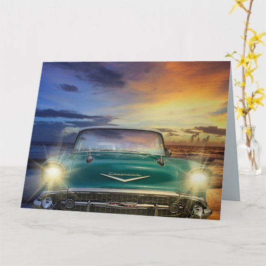 彼の車の青CALSSIC誕生日カード カード (黄色い花)