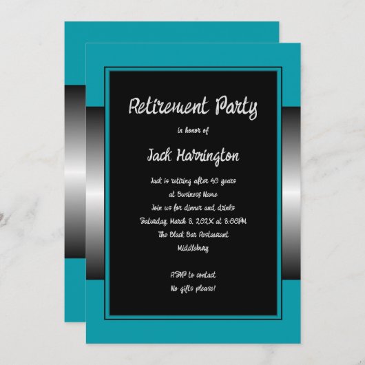 彼の退職パーティーブラックティール（緑がかった色） モダン 招待状 (正面/裏面)