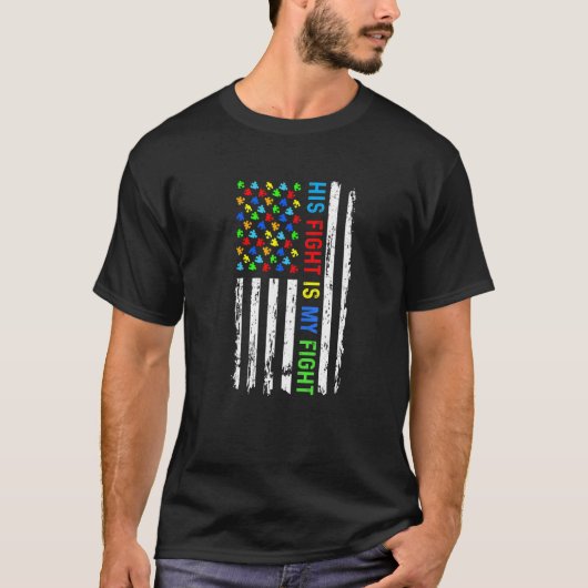 彼の闘いは私の闘い アメリカ国旗パズル 自閉症  Tシャツ (正面)