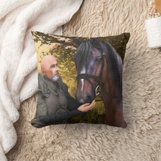 彼の高貴な馬 – 騎士と馬の枕 クッション (ブランケット)