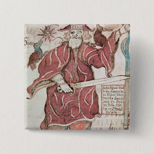 彼の2カラス、HuginおよびMuninのOdin、 缶バッジ (正面)