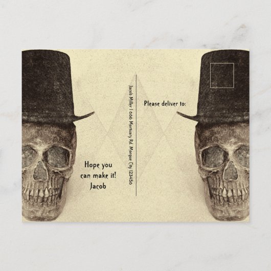 彼の20のスカルトップハットセピアヴィンテージへのRIP インビテーションポストカード (裏面)