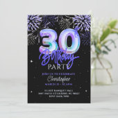 彼の30歳の誕生日を祝う青い花火ホイルバルーン 招待状 (スタンド正面)