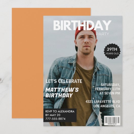 彼の39歳の誕生日のモダンな雑誌風の表紙 招待状 (正面/裏面)