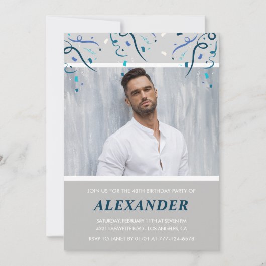 彼の48歳の誕生日のためのPhoto Navy blue紙吹雪 招待状 (正面)