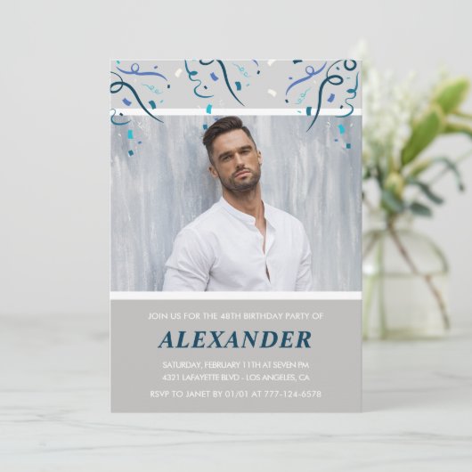彼の48歳の誕生日のためのPhoto Navy blue紙吹雪 招待状 (スタンド正面)