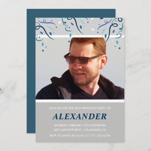 彼の68歳の誕生日のためのPhoto Navy blue紙吹雪 招待状 (正面/裏面)