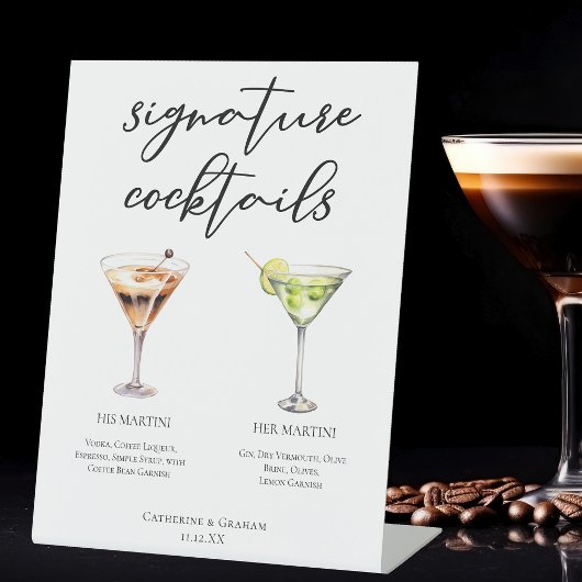 彼のMartini Signatureのカクテル結婚メニュー 台座サイン