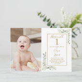 彼はいきなりワン!男の子1歳の誕生日グリーン写真 招待状 (スタンド正面)