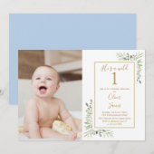 彼はいきなりワン!男の子1歳の誕生日グリーン写真 招待状 (正面/裏面)