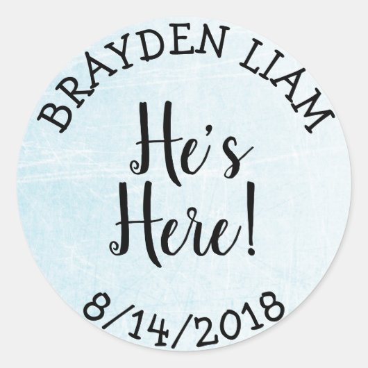 彼はここにいる、新生児少年の発表 ラウンドシール (正面)