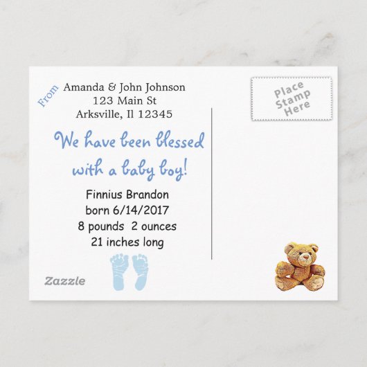彼はここにいる。男の赤ちゃん誕生発表 案内ポストカード (裏面)
