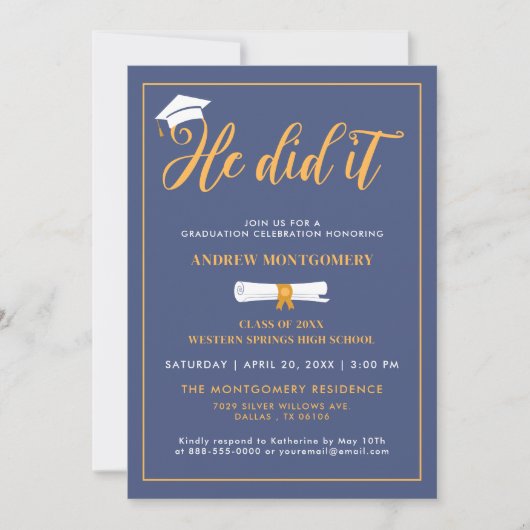 彼はそれを行ったキャップTesselブルー卒業写真 招待状 (正面)