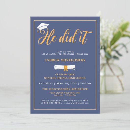 彼はそれを行ったキャップTesselブルー卒業写真 招待状 (スタンド正面)