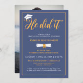 彼はそれを行ったキャップTesselブルー卒業写真 招待状 (正面/裏面)