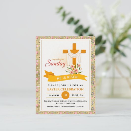 彼はイースタークロス、花、イースターを起こエレガントした シーズンポストカード (スタンド正面)