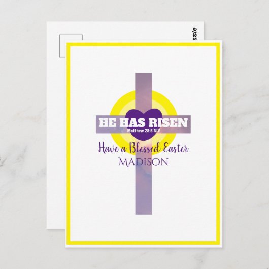 彼はクロス・バイブル聖句イースター名前をカスタムするを復活させた ポストカード (正面/裏面)