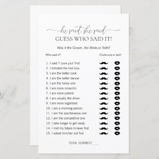 彼はシンプル彼女がブライダルシャワーゲームと言った (正面/裏面)