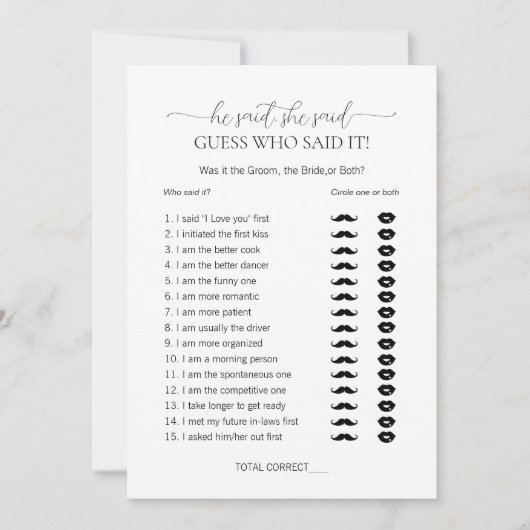 彼はシンプル彼女がブライダルシャワーゲームと言った 招待状 (正面)