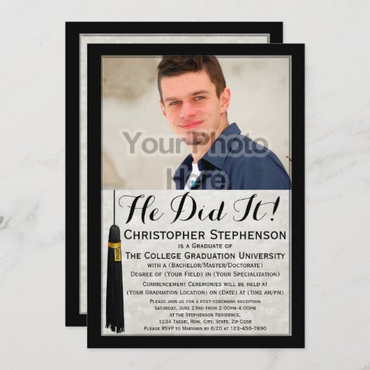 彼はタッセル写真カスタム大学の卒業した 招待状 (正面/裏面)