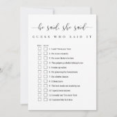 彼はパーソナライズされた彼女はブライダルシャワーゲームと言った 招待状 (正面)