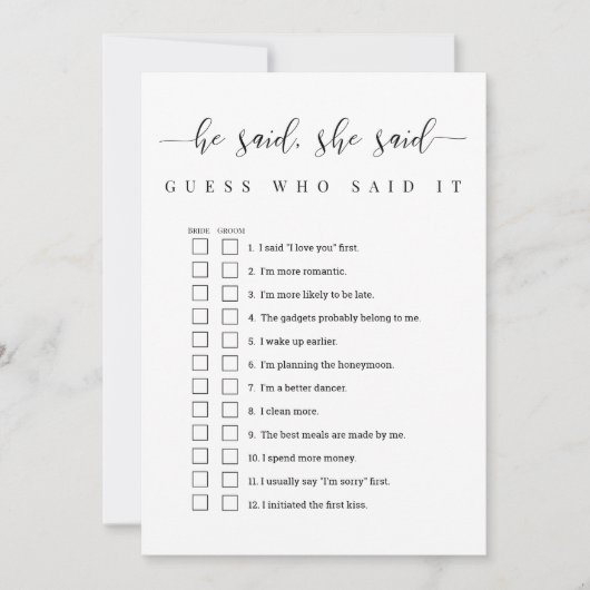 彼はパーソナライズされた彼女はブライダルシャワーゲームと言った 招待状 (正面)