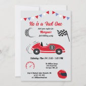 彼はファーストワンフェスティバルレッドレースカー誕生日 招待状 (正面)