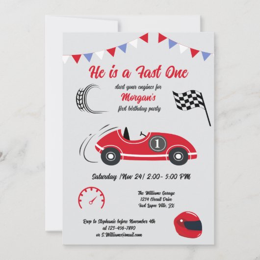 彼はファーストワンフェスティバルレッドレースカー誕生日 招待状 (正面)