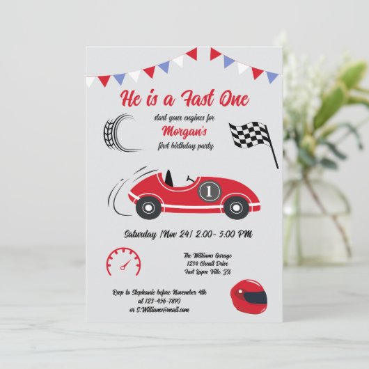 彼はファーストワンフェスティバルレッドレースカー誕生日 招待状 (スタンド正面)