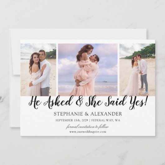 彼はプロポーズした 彼女はイエスと言った フォト 婚約 発表 招待状 (正面)