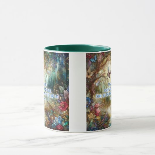 彼はマタイの聖句ステンドグラスの森で生まれ変わった マグカップ (中央)