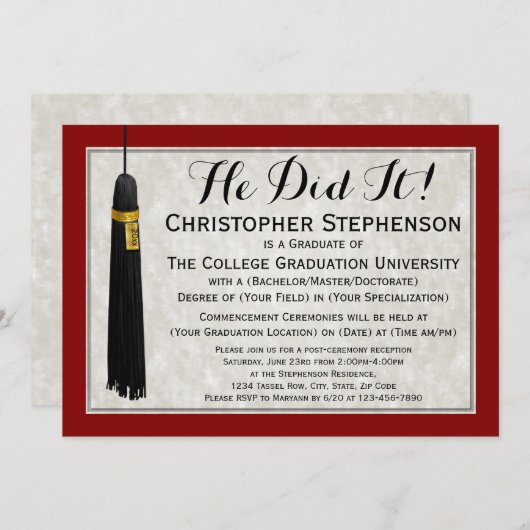 彼はマルーン大学の卒業とタッセルを行った 招待状 (正面/裏面)