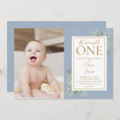 彼はワイルド・ワン・バースデーグリーンリー・ブルーの写真だ 招待状 (正面/裏面)