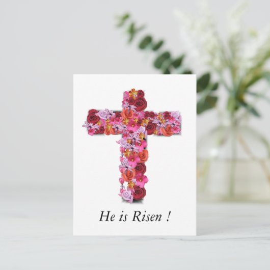 彼は上がったキリスト教のイースター挨拶の花柄の十字です シーズンポストカード (スタンド正面)