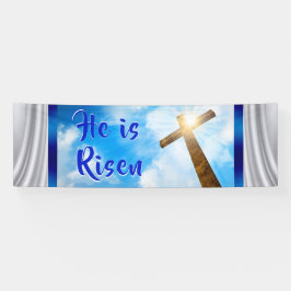 彼は上がった旗、教会のためのイースター旗です 横断幕