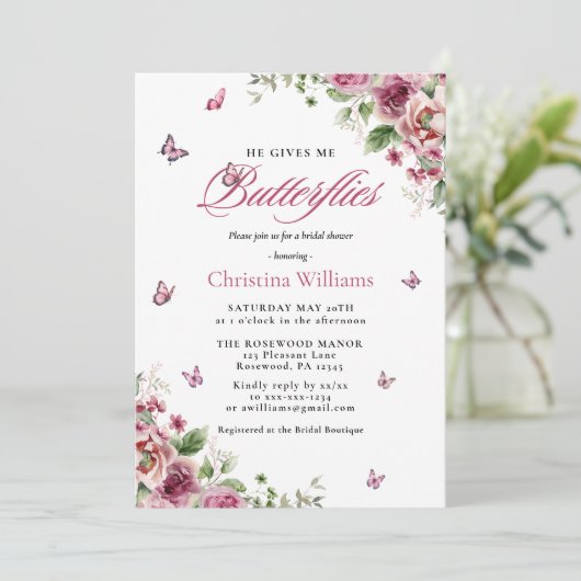 彼は与え私の蝶の水色のブライダルシャワー 招待状 (スタンド正面)