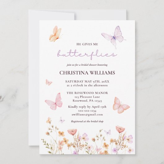 彼は与え私の蝶の水色ブライダルシャワー 招待状 (正面)