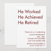 彼は働き、彼は達成し、彼は引退した 引退 カスタム 招待状 (正面/裏面)