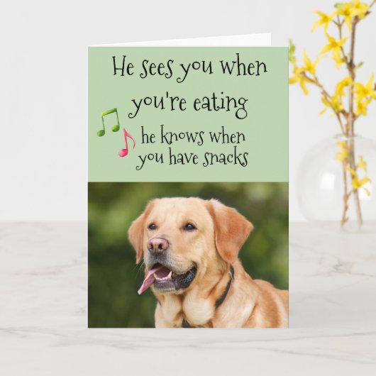 彼は君が犬のクリスマスから軽食を食べているのを知っている カード (黄色い花)