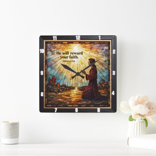 彼は君の信仰に報いる。ヘブル11 スクエア壁時計 (ホーム)