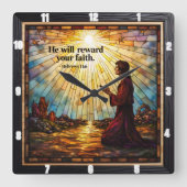 彼は君の信仰に報いる。ヘブル11 スクエア壁時計 (正面)