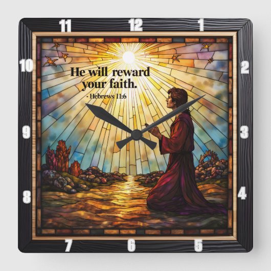 彼は君の信仰に報いる。ヘブル11 スクエア壁時計 (正面)