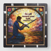 彼は君の信仰に報いる。ヘブル11 スクエア壁時計 (正面)