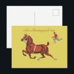 彼は咲き誇る良い馬フラットデザイン ポストカード<br><div class="desc">"彼はブルーミンググッド'Orse"(1909)は、フラットなデザインを特徴とするアールデコスタイルを利用した印象的な広告イラストレーションはっきりしたである。純黒の背景はオレンジ色の馬と赤い服を着たライダーを強調し、高コントラストの色（赤、黒、白）との輪郭を持ちシンプル、劇的な視覚効果を生み出す。ダイナミックな馬が筋肉を整えて飛び跳ねるのを描き、乗り手は鞭を持って後ろに傾き、完璧な同期で一緒に動くときの緊張感を生み出す。馬は強さとスピードと気高さを象徴し、騎手のポーズは熟練とコントロールを示し、20世紀初頭の冒険的で進歩的な精神の理想に合わせている。タイトルの「ブルーミング・グッド「オルセ」は、そのダイナミックなアクションと製品の品質を結び付けた馬術ギアや馬関連製品の広告を微妙に意味する。このデザインは、美学、商業目的、文化的象徴主義の強力な融合であり、1909年の芸術作品の中で最も重要な作品を広告代表する。[特別なリマインダカスタマイズー]背景の色を変えて、お使いのお気に入りのスタイルへのギフトを行うことができる。</div>