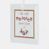 "彼は喜ぶ"赤い文字とKJV引用文 ガラスオーナメント (正面左)