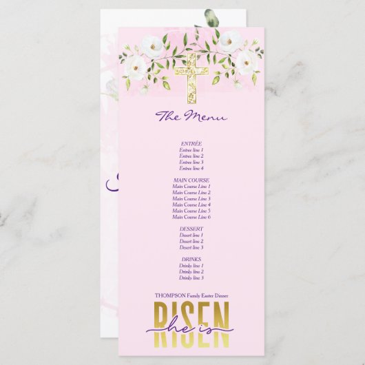 彼は宗教的なキリスト教の引用文ピンクの復活祭に昇っている メニュー (正面/裏面)